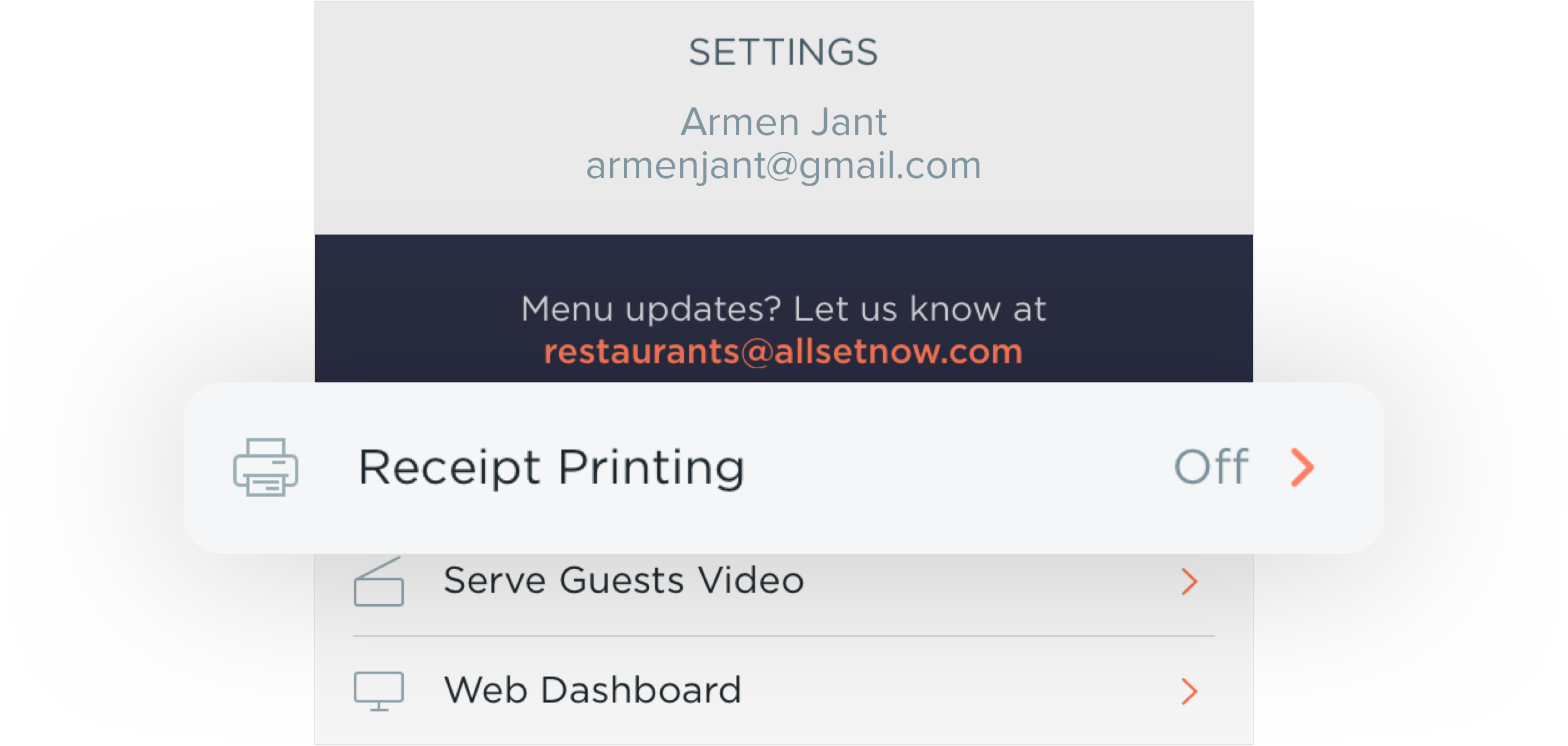 Tap “Settings“ on Allset Merchant App