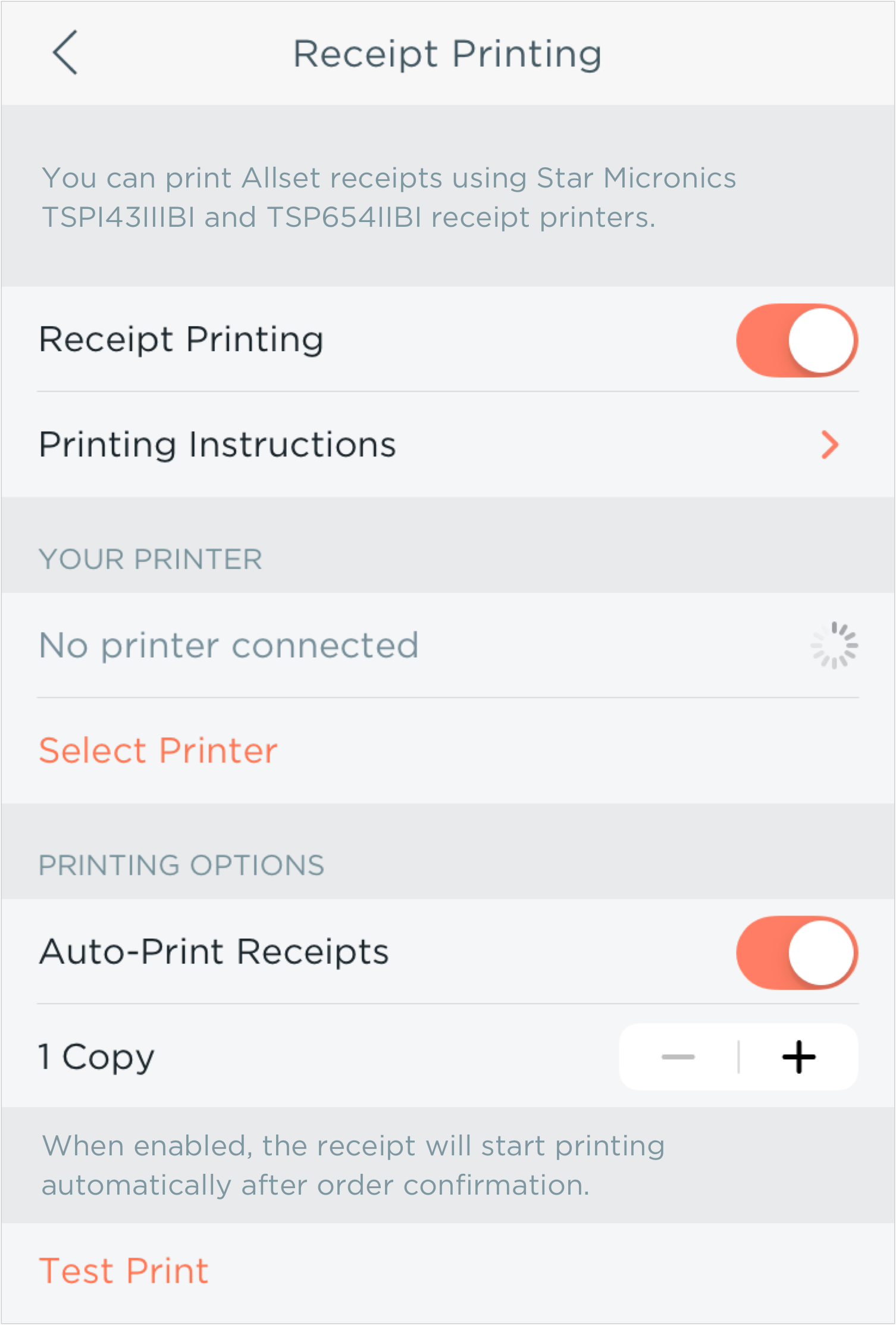 To enable receipt printing, turn the “Receipt Printing” toggle ON.