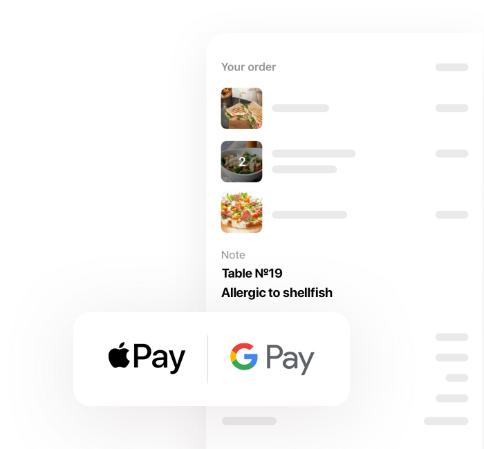 Allset app checkout screen with Apple Pay and Google Pay Logos — Activate contactless table order + pay