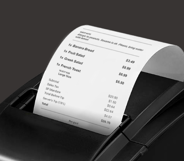 Kitchen printer with printed receipt — Activate contactless table order + pay